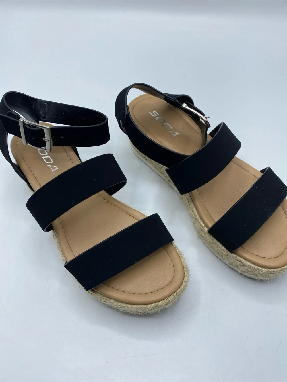 Espadrille Elevated Sandals Natural Woven Black Strap Summer Shoe 6 Soda
